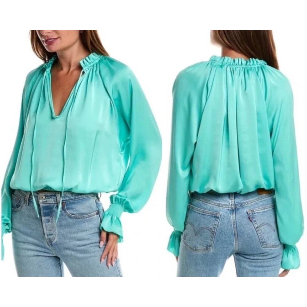 New - Ramy Brook Bethany Satin Long Sleeve Blouse - Malac Mint Green- Size Xs/S